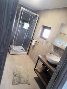 a bathroom with a sink and a glass shower at Casa lui Matei Murighiol in Murighiol