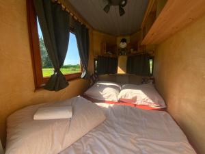a room with two beds in it with a window at Pferdewagen Freya in Kröpelin