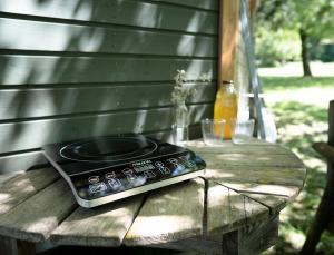 a remote control sitting on top of a wooden table at Pferdewagen Freya in Kröpelin
