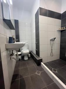 a bathroom with a sink and a toilet and a shower at House Kohili in Nea Vrasna