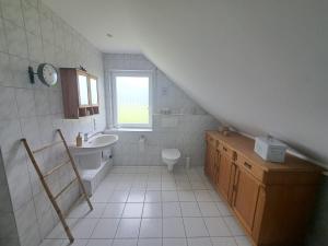 ein weißes Bad mit einem Waschbecken und einem WC in der Unterkunft Haus Eufalia in Blankenheim