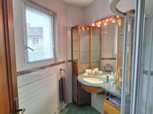 a bathroom with a sink and a shower and a mirror at Duplex près des Thermes avec jardin in Évian-les-Bains