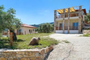 a pig sitting in the grass in front of a house at Helicon Luxury Villas in Limenas