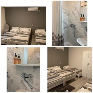 un collage de cuatro fotos de un baño con camas en Rooms Nikola Rule Ostojic, en Međugorje