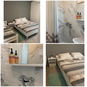 un collage de fotos de un baño con 2 camas y ducha en Rooms Nikola Rule Ostojic, en Međugorje