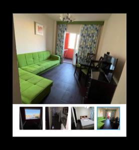 two pictures of a living room with a green couch at Porto Sharm 2024 in Sharm El Sheikh