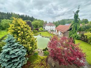 una vista aérea de un jardín con una casa y un estanque en Apartmán Lazec, en Český Krumlov