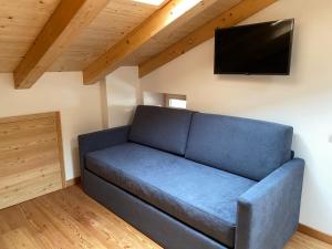 a blue couch in a room with a flat screen tv at Chalet Le Grazie in Le Grazie