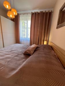 a bedroom with a bed with a pillow and a window at Apartament Sunrise in Częstochowa