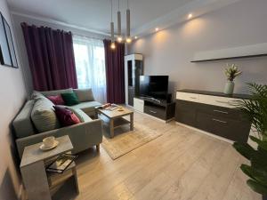 a living room with a couch and a tv at Apartament Sunrise in Częstochowa
