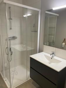 ein Badezimmer mit Glasdusche und Waschbecken in der Unterkunft La chapelle in Fervaches + 20 Fotos