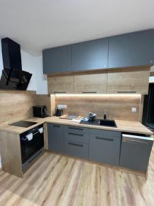 a large kitchen with a sink and a stove at Apartmán Skis in Černá v Pošumaví +36 photos