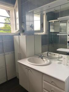 a bathroom with a sink and a mirror at MAISON de VACANCES in Seyresse