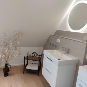 a bathroom with a sink and a mirror at FeWo Dreiseitenblick Komfort mit 2 Schlafzimmern in Bad Doberan +50 photos