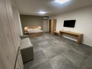 a bedroom with a bed and a television and a couch at Dormi-RE Affittacamere in Reggio Emilia