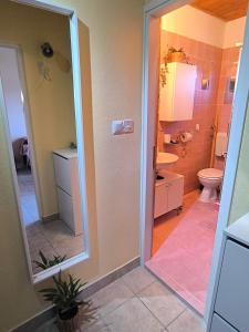ein Bad mit einem WC und einem Spiegel in der Unterkunft Panoramic view studio in Rab