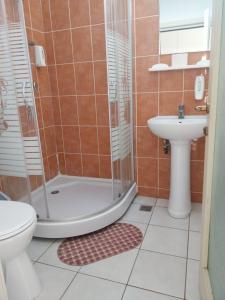uma casa de banho com um chuveiro, um WC e um lavatório. em Randevu em Caracal