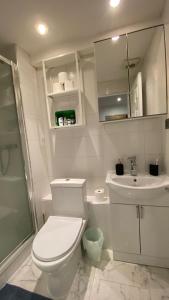 a white bathroom with a toilet and a sink at Shoreditch & Liverpool Street Room B in London