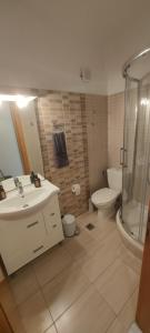 a bathroom with a sink and a toilet and a shower at Stella apartments in Olympiaki Akti +20 photos