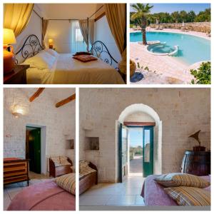 een collage van vier foto's van een slaapkamer en een zwembad bij Masseria Rosa Trulli Relais in Alberobello