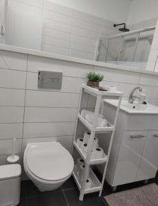 a white bathroom with a toilet and a sink at Dream house! in Qiryat Bialik