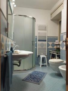 a bathroom with a shower and a sink and a toilet at Monicas garden and the Sea in Praiano