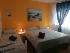 two twin beds in a room with a window at Apartmani Eškinja in Biograd na Moru