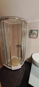 a shower in a bathroom with a sink at Sweet Maisonette in Perea