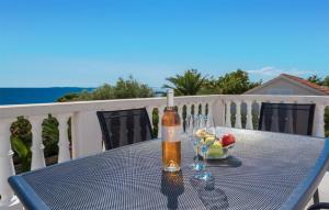 a bottle of beer and a bowl of fruit on a table at 2 Bedroom Lovely Apartment In Potocnica in Potocnica