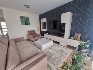 een woonkamer met een bank en een tv bij Anca House in Baia Mare