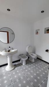 bagno con lavandino, servizi igienici e specchio di La Botica de 1852 Hotel a Chascomús