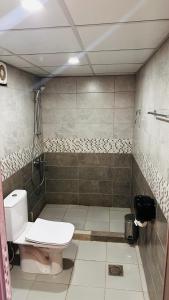 La salle de bains est pourvue d'une douche et de toilettes. dans l'établissement wadi rum fox road camp & jeep tour, à Wadi Rum