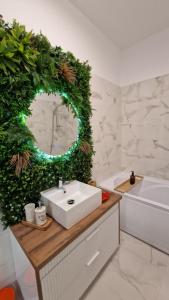 a bathroom with a sink and a mirror and a tub at Appartment Chindia Lake in Târgovişte +12 photos