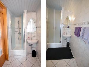 two pictures of a bathroom with a sink and a shower at Landhaus Christina in Rumbach +59 photos