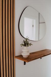 a mirror on a wooden shelf with a plant at Lili Rose Mandre Luxury Apartments in Mandre