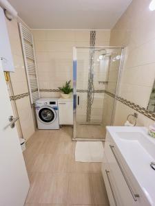 y baño con ducha y lavadora. en Relax Prémium Wellness Apartman, en Siófok
