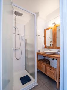 uma casa de banho com um chuveiro e um lavatório. em T3 Vue Mer Clim Wifi Parking em Canet-en-Roussillon