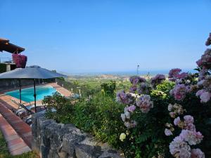 un jardín con piscina y flores en Open Land Holiday House, en Fiumefreddo di Sicilia