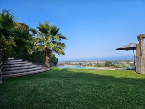 césped con palmeras y piscina en Open Land Holiday House, en Fiumefreddo di Sicilia