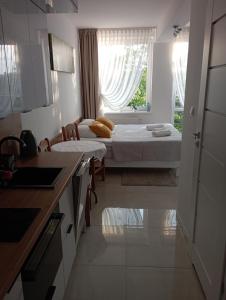a room with a bed and a kitchen with a window at Apartament Sea Planet Mielno Centrum - parking w cenie pobytu in Mielno