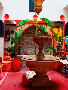 a fountain with a plant in a room with plants at riad cherif in Marrakech