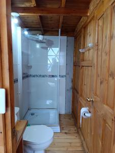 a bathroom with a shower and a toilet at Villa del lago Glamping in Tota