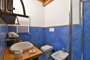 Terre Di Himera في Buonfornello: حمام من البلاط الأزرق مع مرحاض ومغسلة