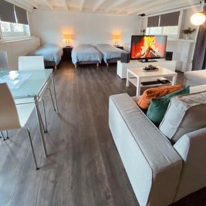 uma sala de estar com duas camas e um sofá e uma televisão em Boathouse Amsterdam em Amsterdã