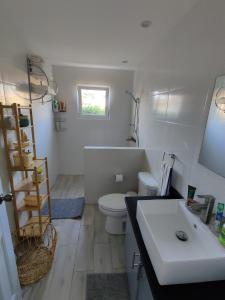 a bathroom with a white toilet and a sink at Bungalow in La Ceiba