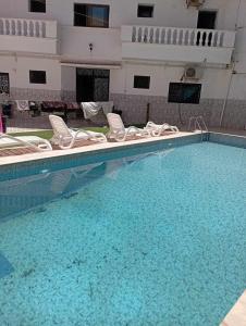 a large swimming pool with chairs in front of a building at Le petit VIP in 'Aïn el Turk
