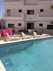 a swimming pool with chairs and a building at Le petit VIP in 'Aïn el Turk