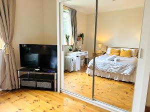 1 dormitorio con 1 cama y TV en LEITH WALK VILLA budget guest house, en Edimburgo