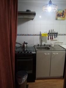 uma pequena cozinha com um fogão e um lavatório em Cabaña florencia em Coquimbo