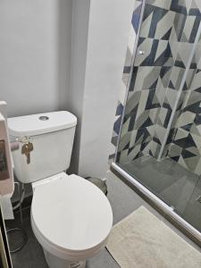 a bathroom with a toilet and a shower at Apartamentos na Praia do Gonzaga in Santos